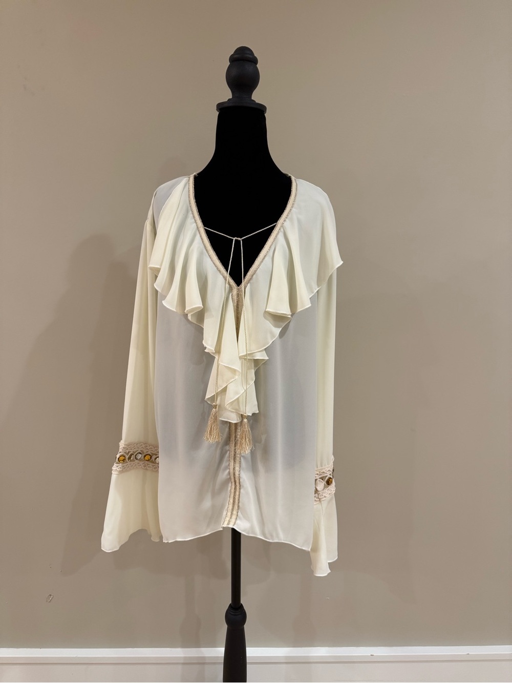 Ivory Ruffle V-Neck Blouse with Tassel Tie